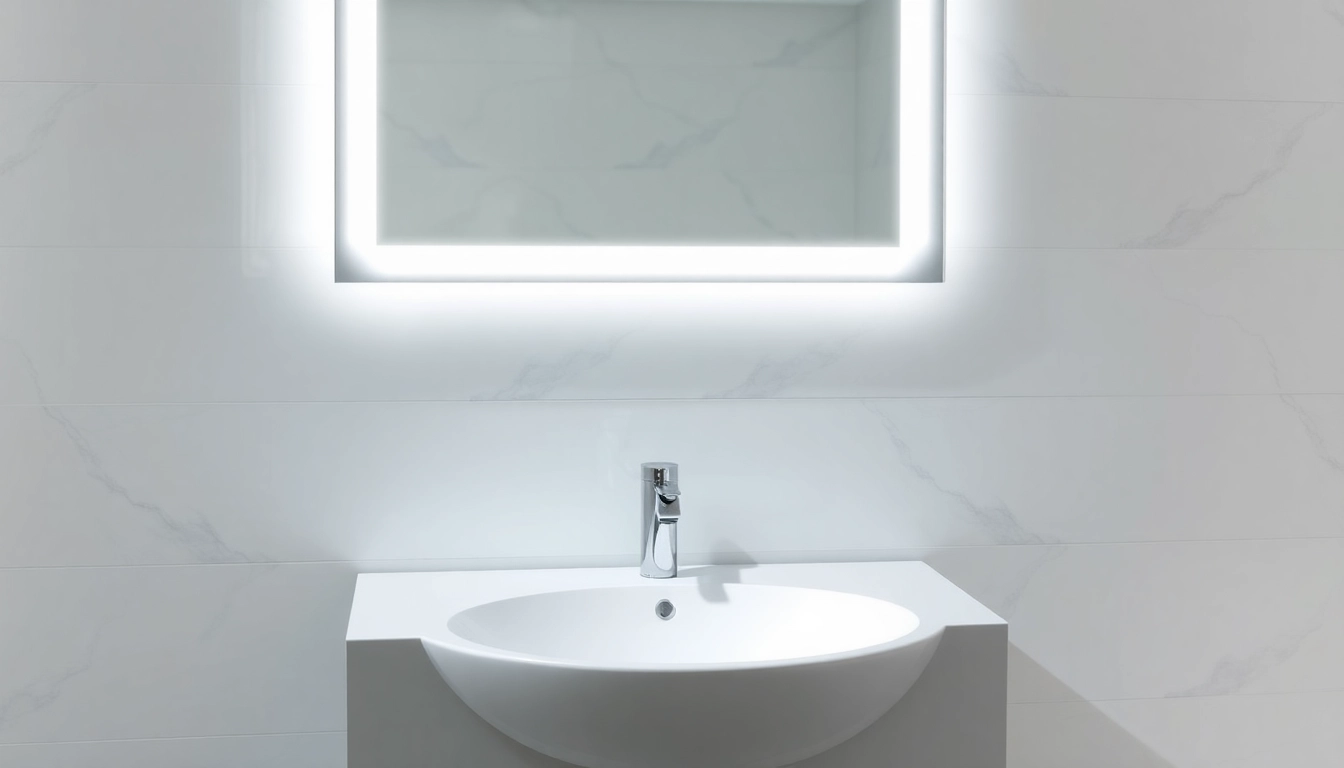 Bathroom mirror with LED light enhancing a modern bathroom's elegance with sleek illumination.