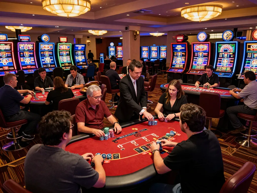 KJC players enjoying dynamic gameplay on a vibrant casino floor with exciting slot machines and a roulette wheel