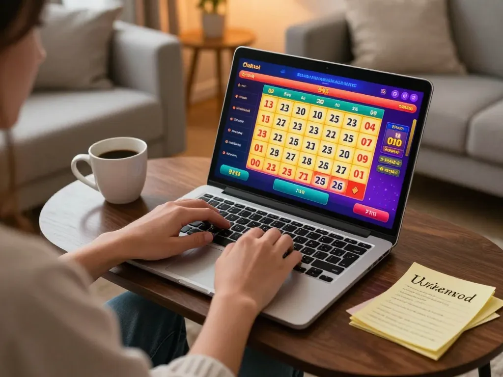 Sungaitoto online gameplay on a laptop, depicting vibrant lottery graphics and cozy living room ambiance.