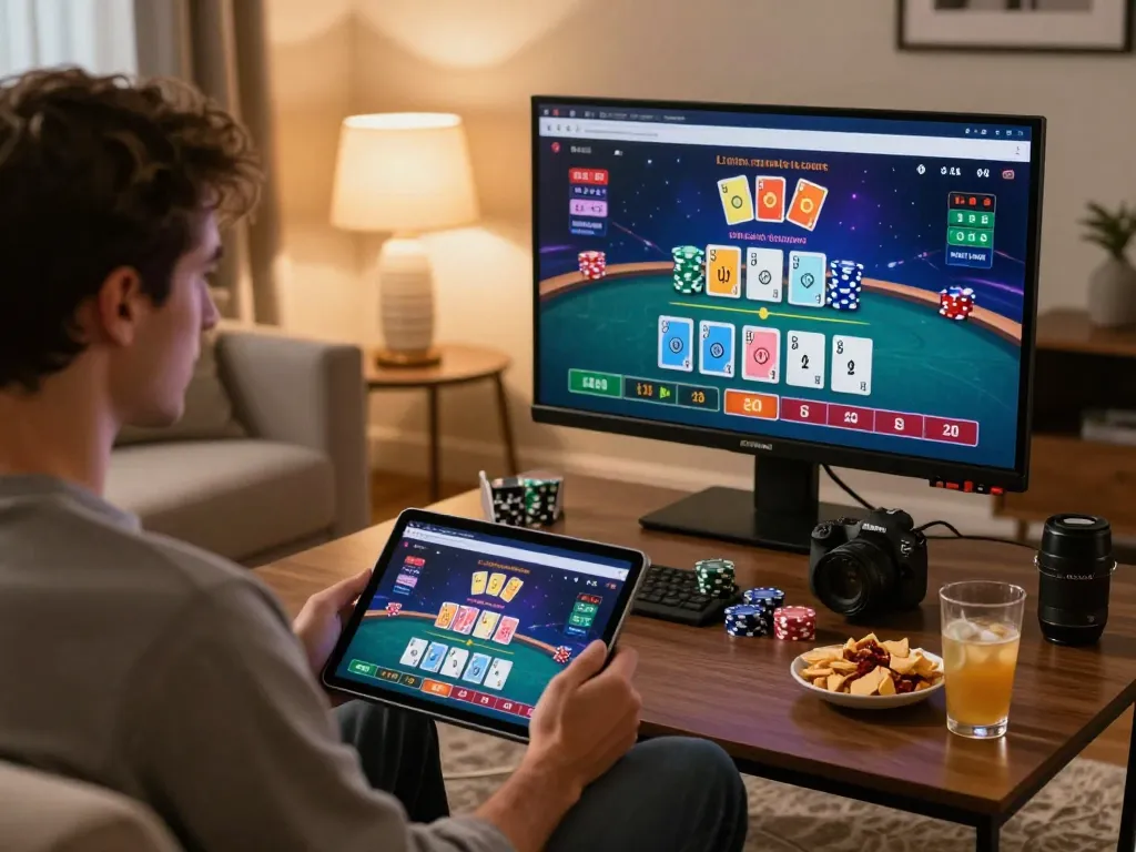 Players enjoy engaging BK8 online gaming experience from home with dynamic tablet interface and cozy setting.