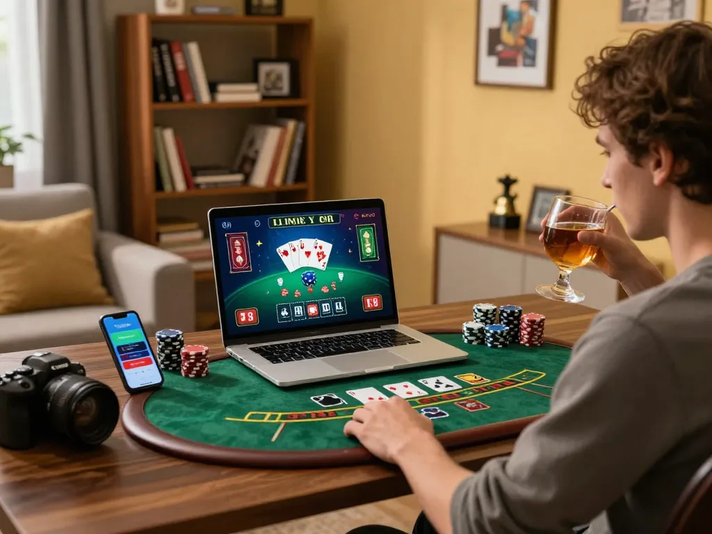 Engage in dynamic online gaming at uu88 with exciting Blackjack gameplay in a cozy home office setting.