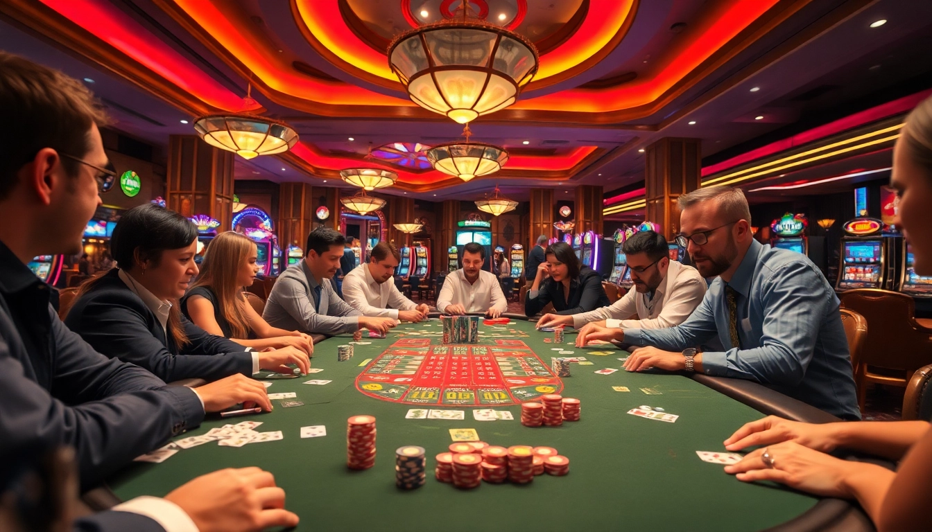 Main event in Pakde4D casino gaming featuring diverse players at a vibrant table.