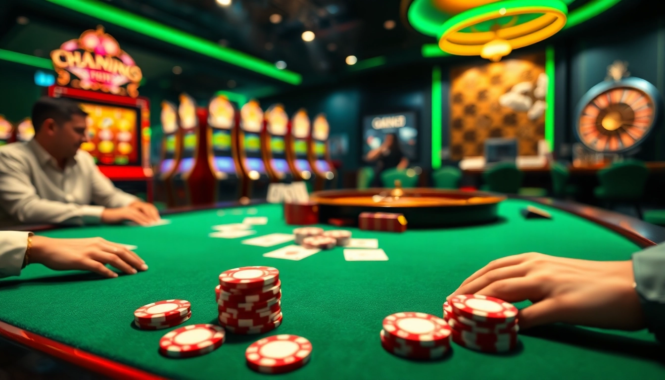 Menggugah pemain di meja poker online dengan chip dan kartu berwarna-warni dalam suasana kasino mewah.