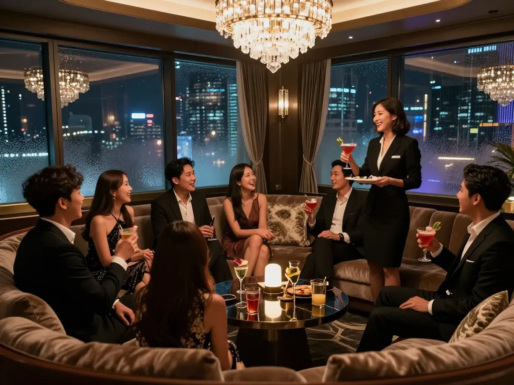 Enjoying the lively atmosphere at 강남쩜오, a premium nightlife venue featuring elegant decor and vibrant social interactions.