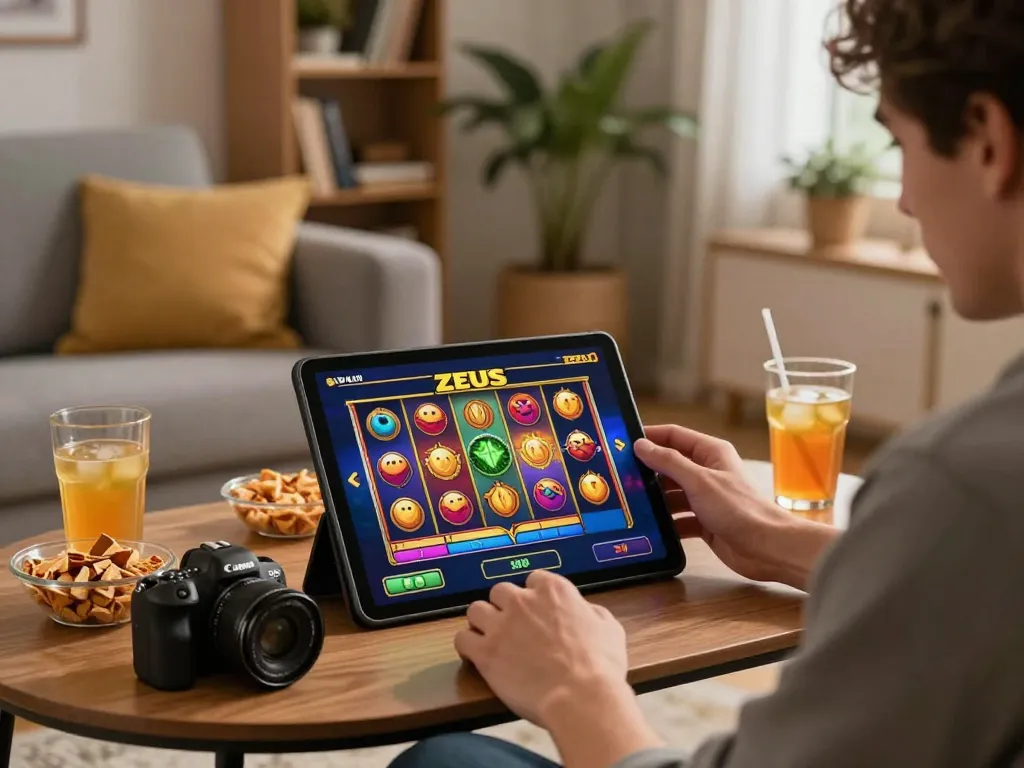 Memainkan permainan slot zeus di tablet selama sesi permainan santai di rumah dengan camilan di dekatnya.