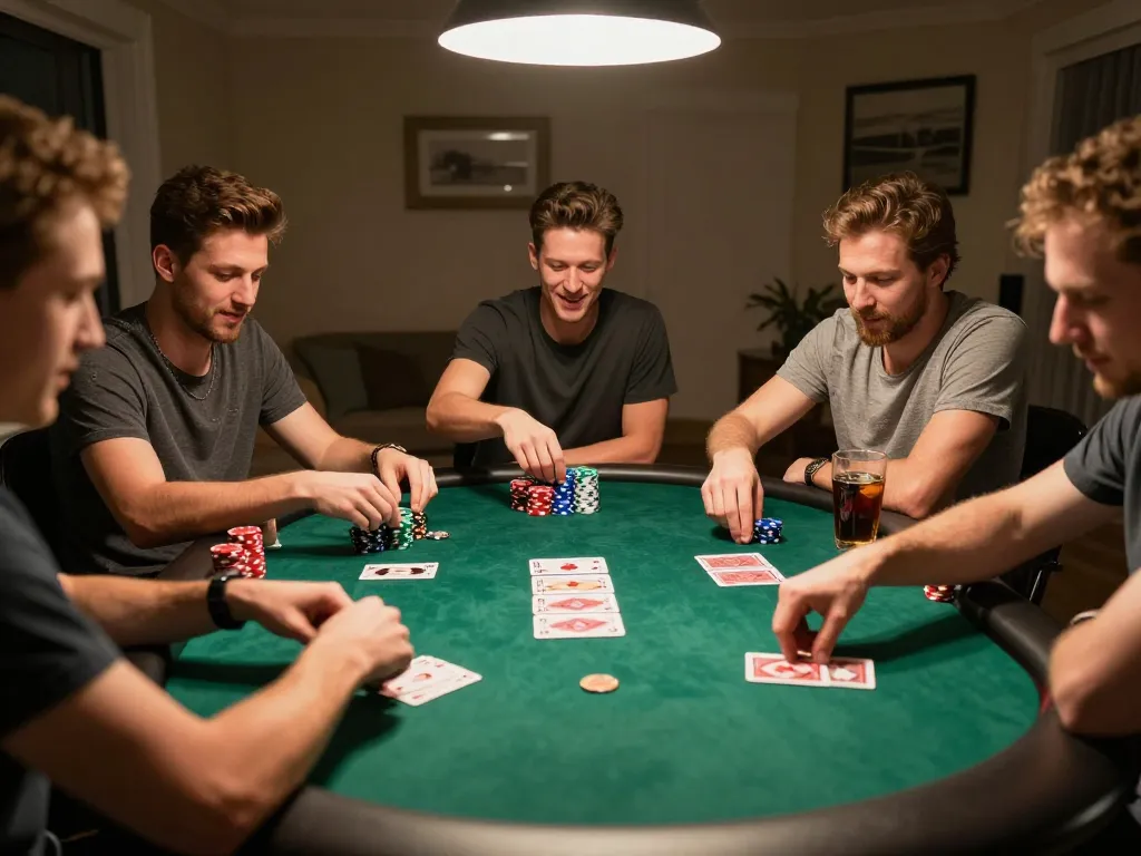 Friends enjoy an exciting poker game at home, showcasing strategic gameplay with xoilac nuances.