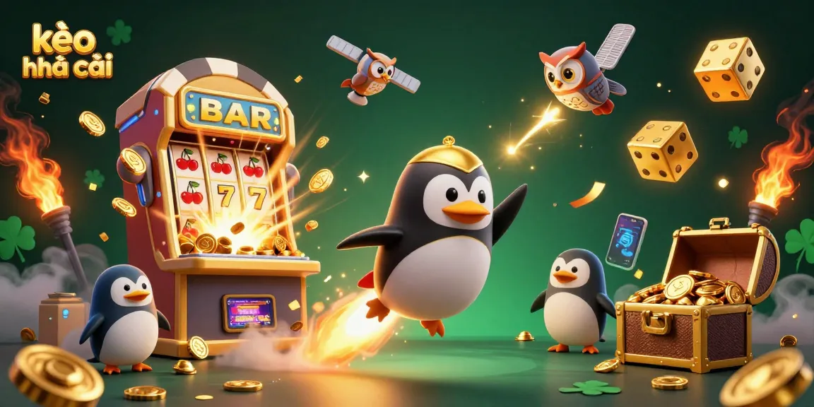 Experience the excitement of kèo nhà cái with a vibrant casino-themed illustration featuring a golden penguin and thrilling game elements.