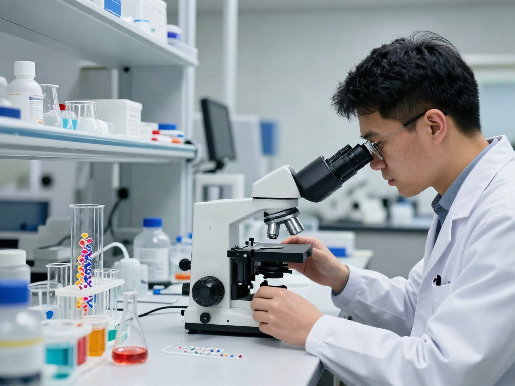 USA peptide supplier scientist analyzing peptide samples in a modern laboratory.