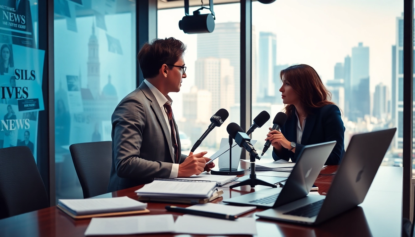 Engaging news scene with journalists focused on delivering news stories.