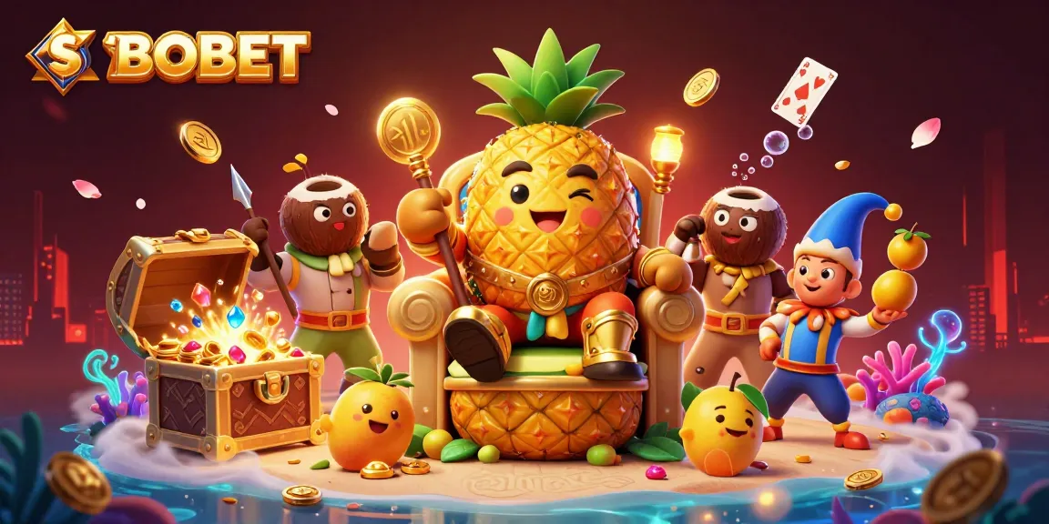 SBOBET beach casino scene with a golden pineapple king, coconut guards, and a mango jester juggling golden berries.