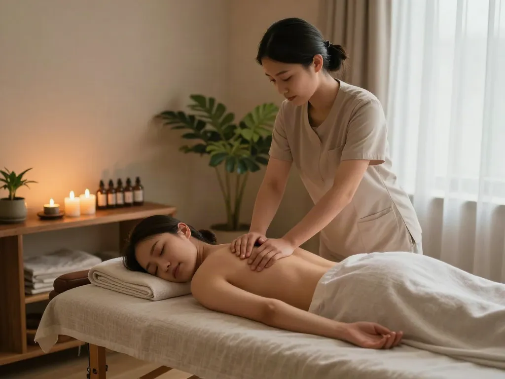 Indulge in 인덕원출장마사지 with a tranquil massage therapy scene showcasing professional treatment.