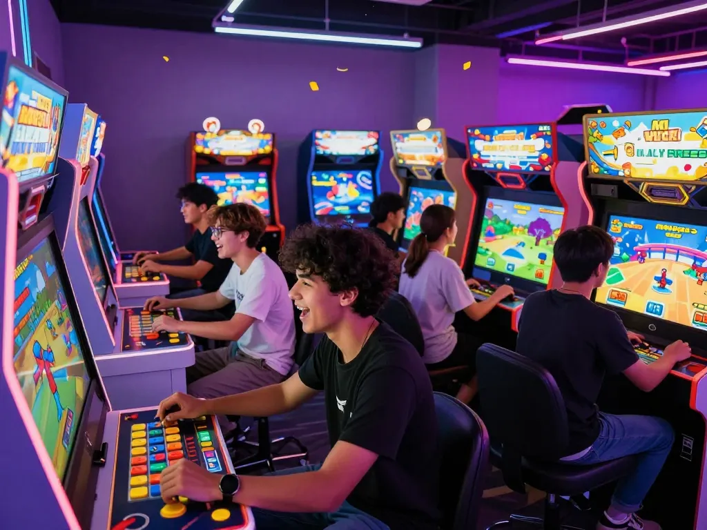 Friends enjoying an exciting gaming experience at mantra88 arcade, surrounded by colorful neon lights and vibrant screens.