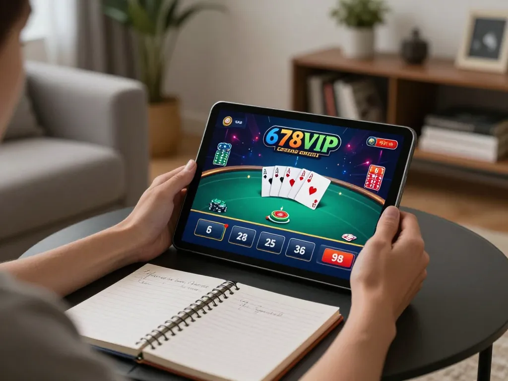 Player enjoying 678VIP online casino games on a tablet, strategic notes and inviting living room ambiance.