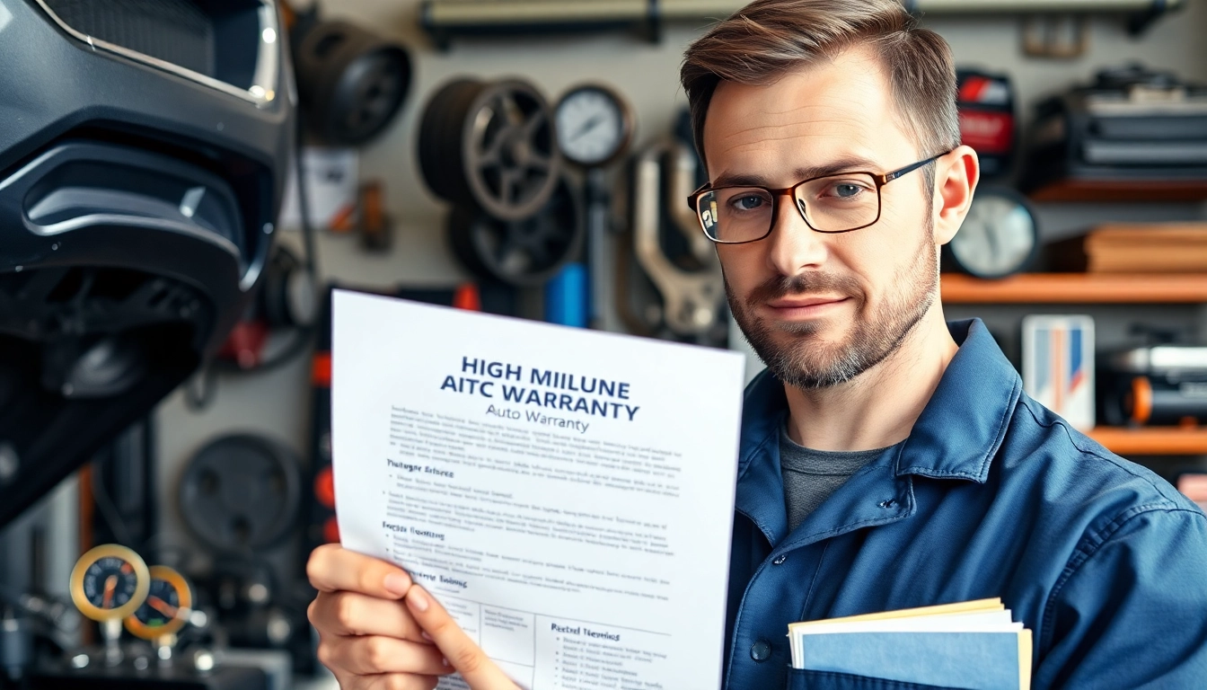 Understand high mileage extended auto warranty options with a mechanic analyzing warranty documentation.