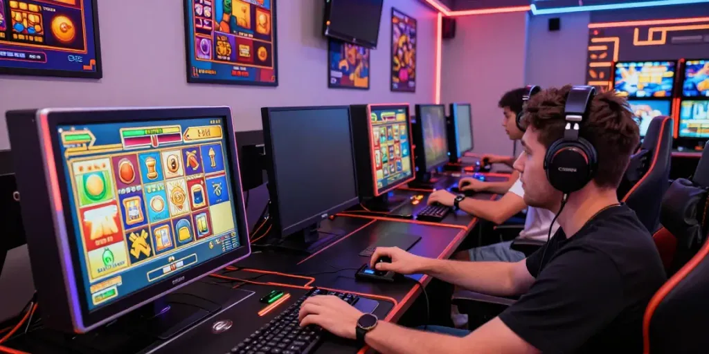 Pengalaman bermain slot777 yang seru dengan pemain antusias dan layar permainan berwarna-warni.
