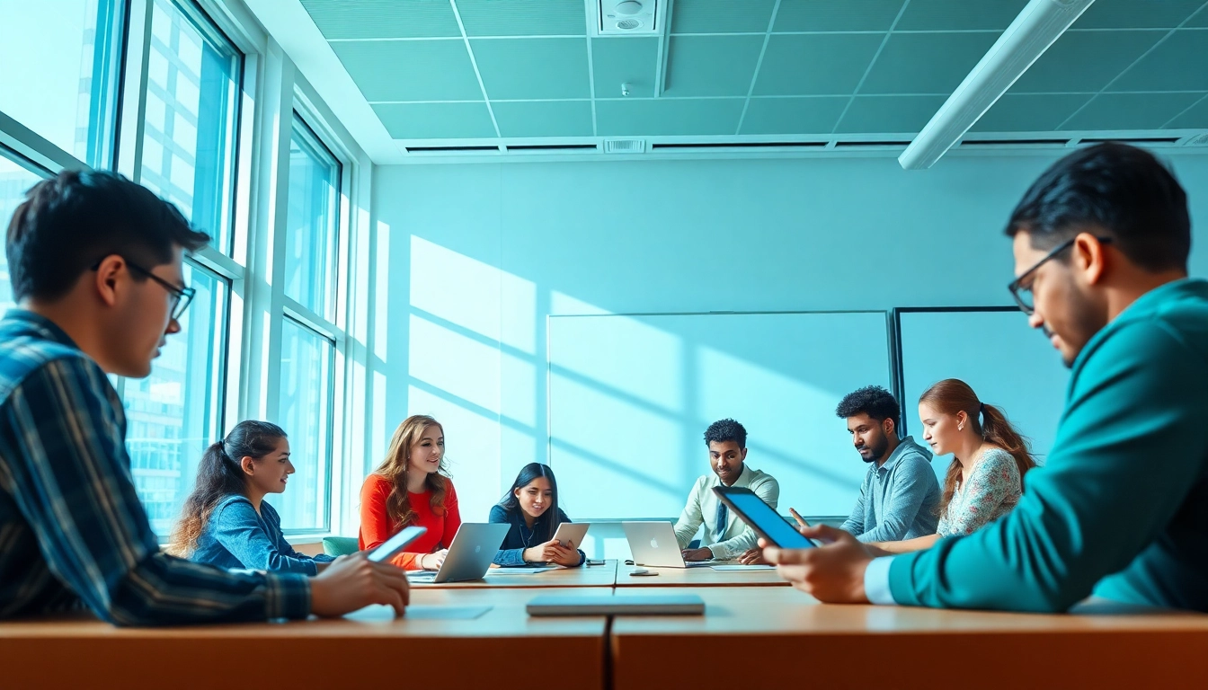 Dynamic classroom scene showcasing education innovation with diverse students collaborating
