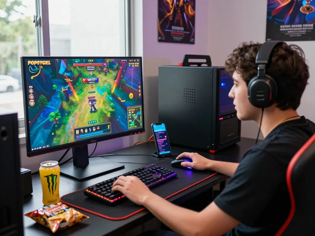 Player engaged in POPOTOGEL: Situs Toto Slot Gacor Depo 10k Via Qris & Slot777 Gampang Menang Hari Ini 2026 gaming at a modern desk with vibrant accessories.