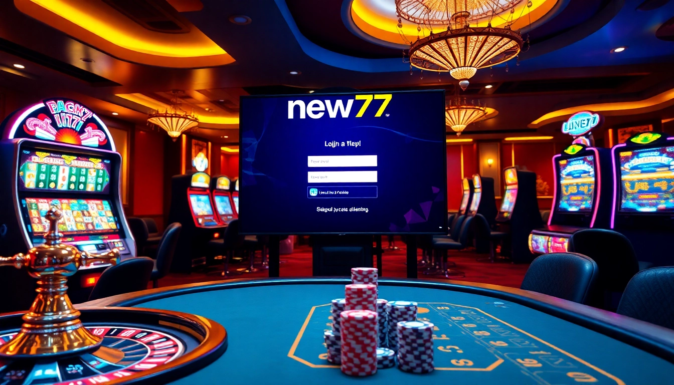 Experience the thrill of new77 login at a luxurious casino, featuring vibrant slot machines and roulette.