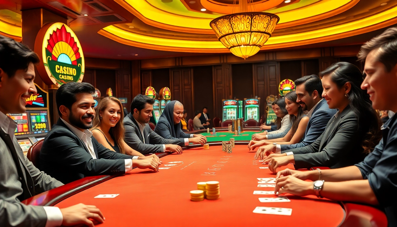 K9K9 casino scene showcasing vibrant gameplay with poker tables, slot machines, and excited players.