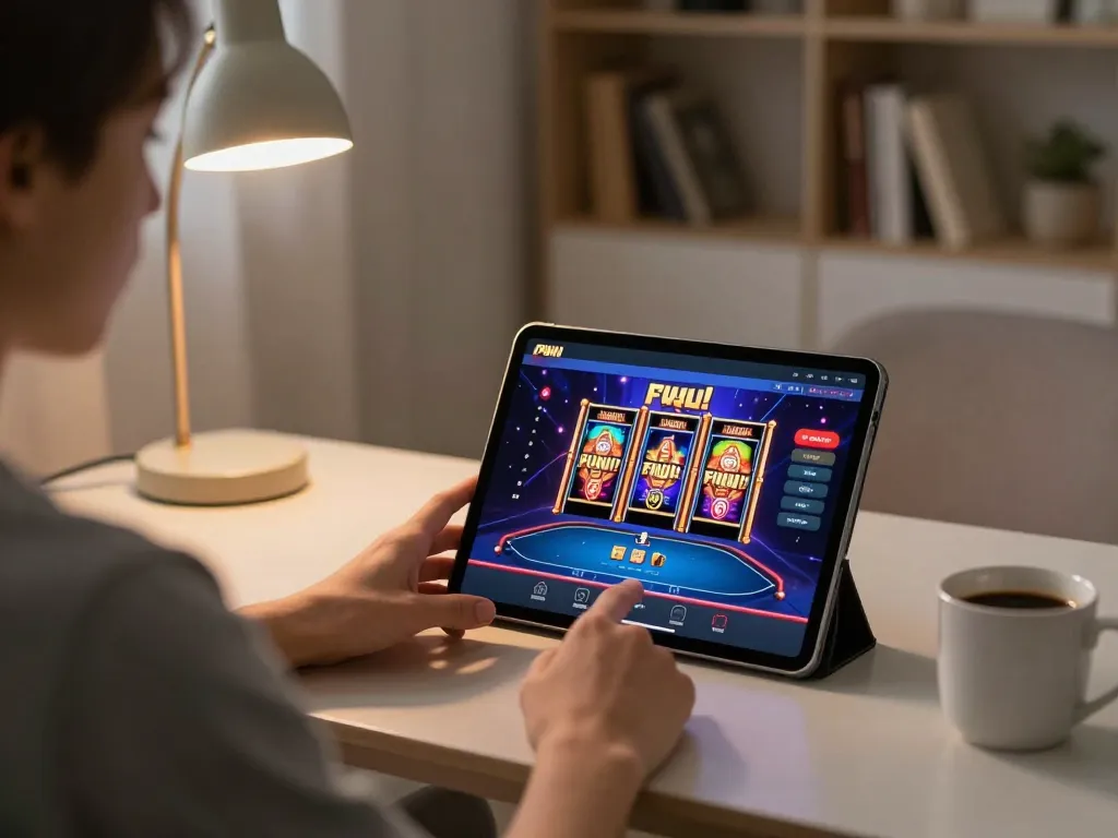 Playing เว็บสล็อต on a tablet in a cozy living room setting, focused on strategy.