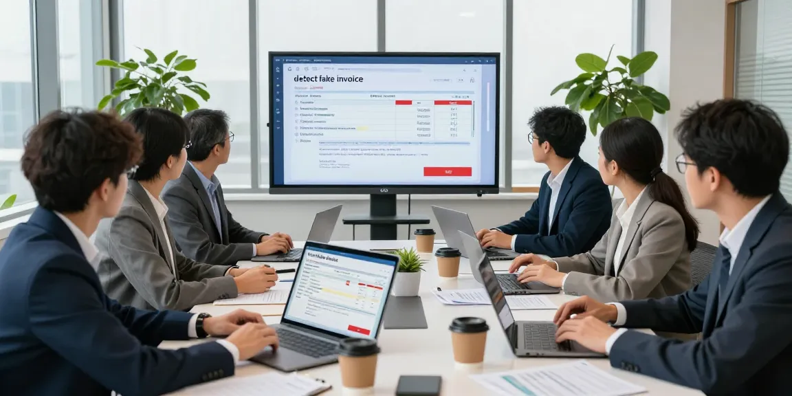 Professionals detecting fake invoices in a modern office environment, collaborating around digital tools.