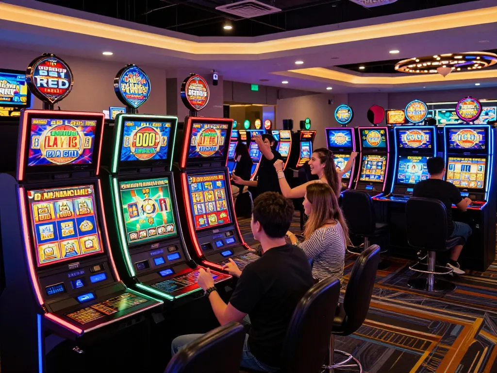 suasana permainan situs slot gacor dengan pemain menikmati mesin slot yang cerah