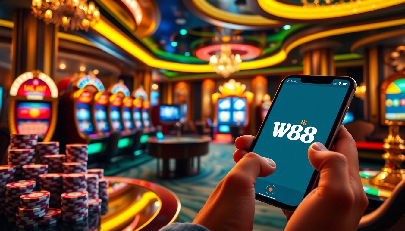 Tương tác với liên kết W88 trong không khí casino trực tuyến sang trọng, phô diễn chip poker và máy đánh bạc.