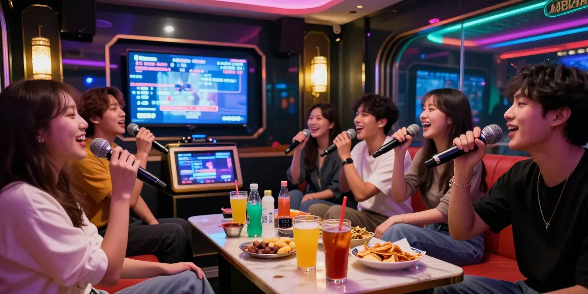 강남가라오케에서 친구들이 고급 마이크로 노래를 부르는 활기찬 장면, 다채로운 조명과 고급스러운 인테리어가 어우러진 분위기.