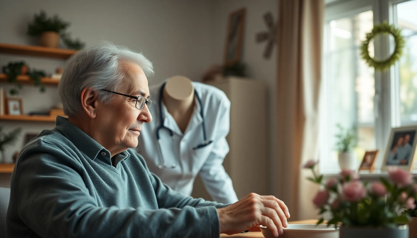 Engaging in home care near me, a compassionate caregiver supports an elderly individual in a comfortable home environment.