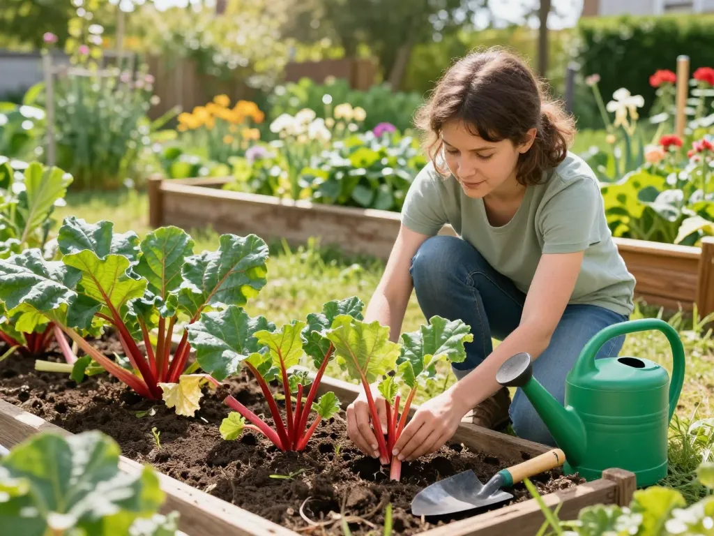 Rabarber stekken kopen in a vibrant garden scene with rich soil and healthy seedlings.
