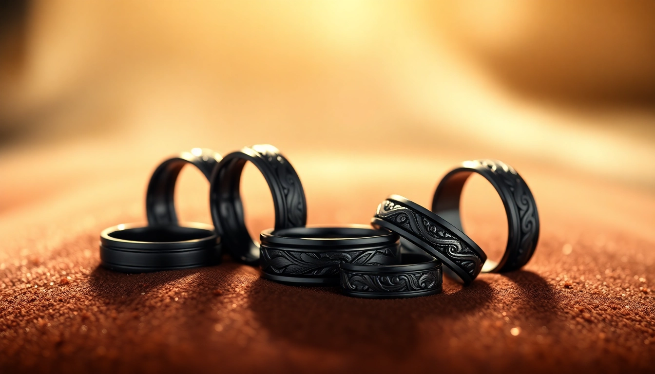 Admiring Black Zirconium Rings on a velvet surface highlighting their sleek design.