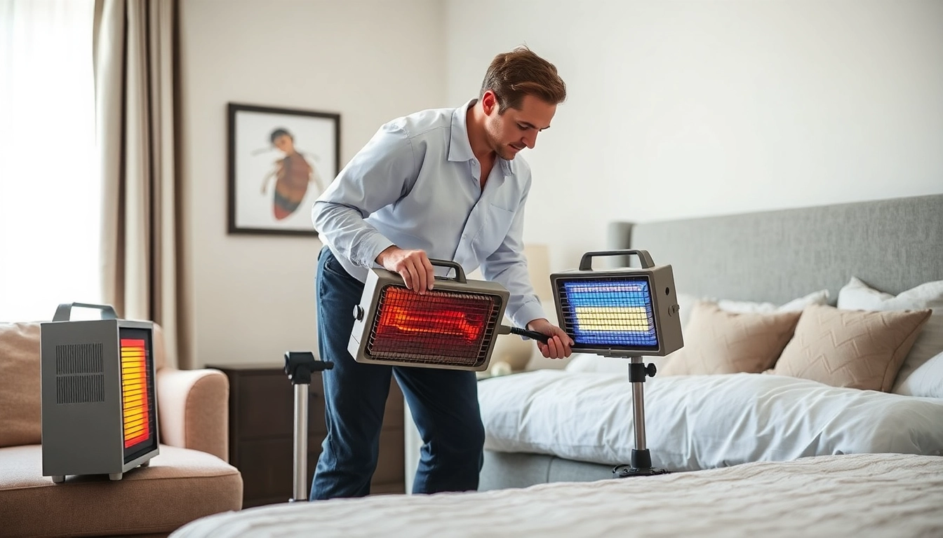 Technician performing bed bug heat treatment in a well-lit, cozy bedroom.