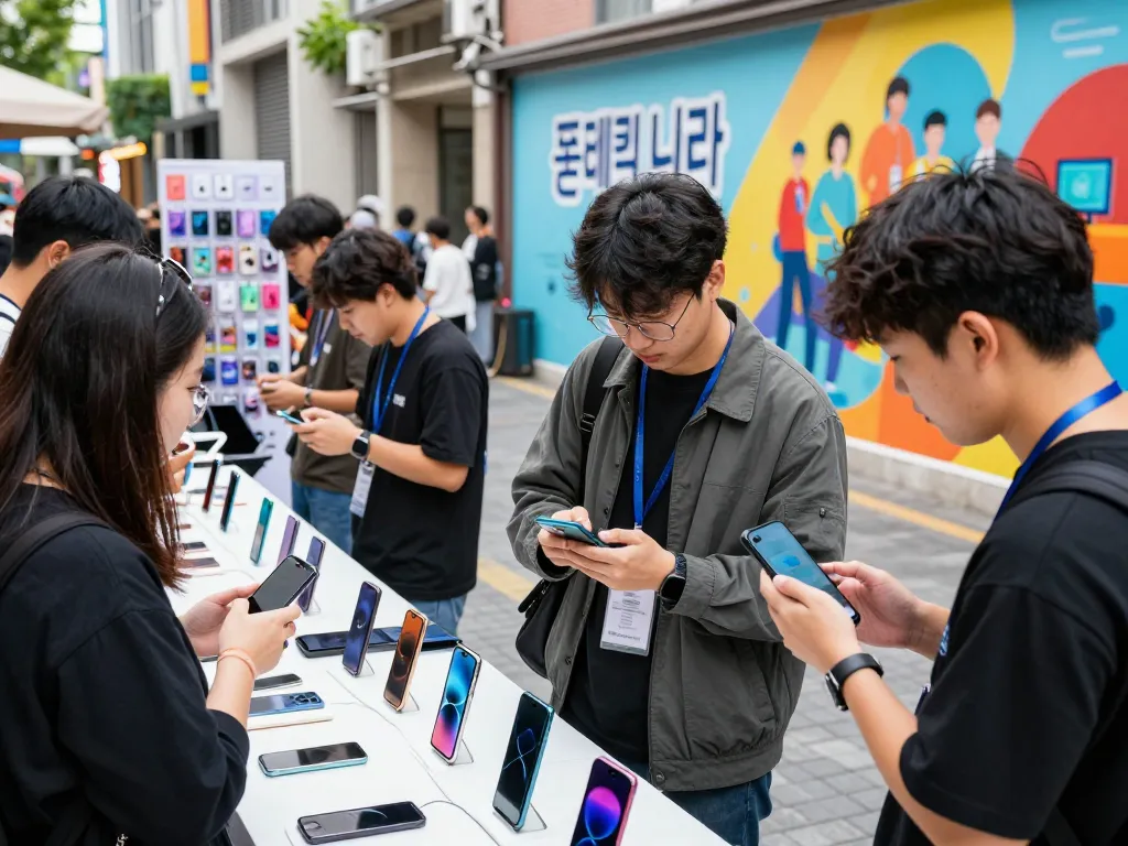 다채로운 디스플레이와 에너지를 가진 폰테크 나라 스마트폰 시장을 탐색하는 구매자들