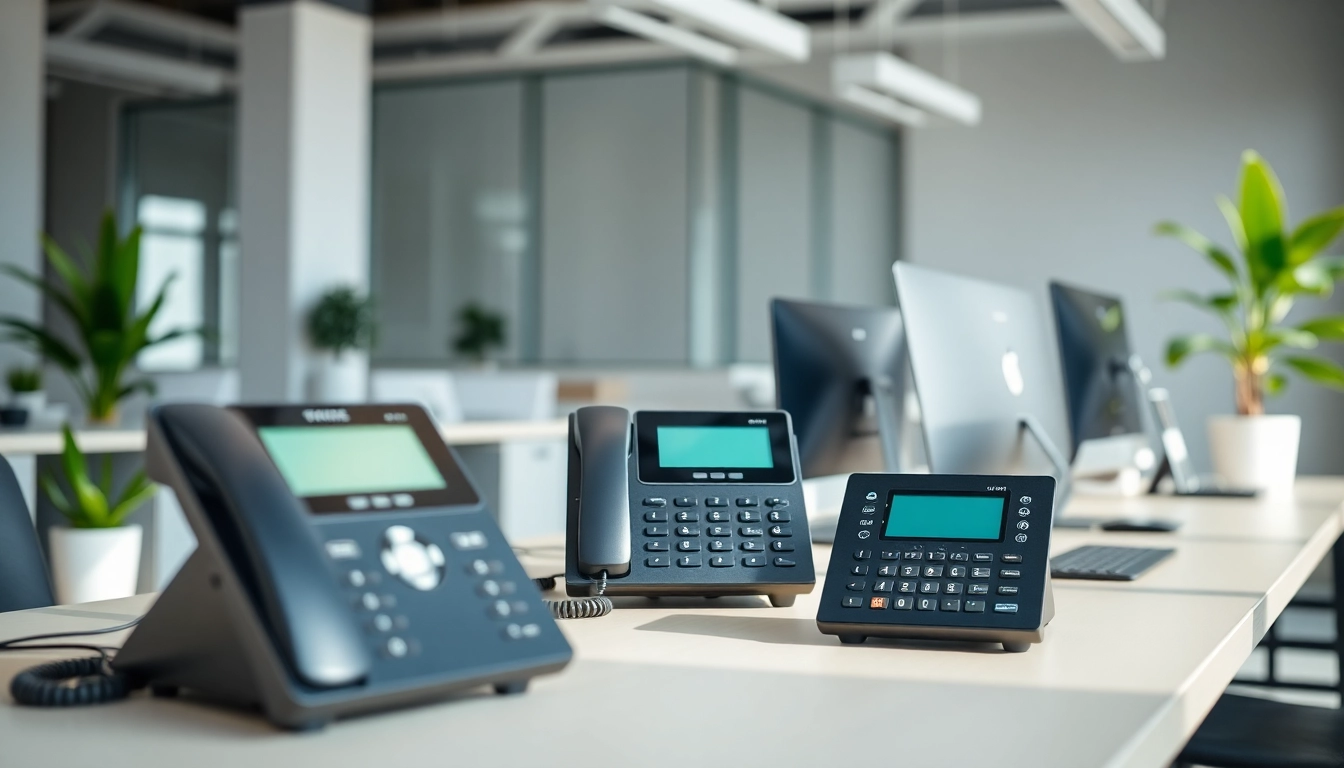 Set up a cloud based phone system in a modern office with VoIP devices on a minimalist desk.