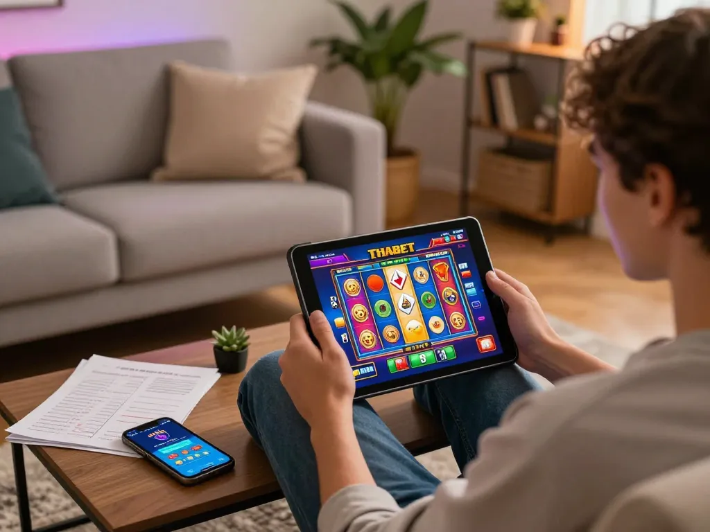 Engaging user enjoying thabet online casino games in a cozy home setting with tablet and strategy notes.