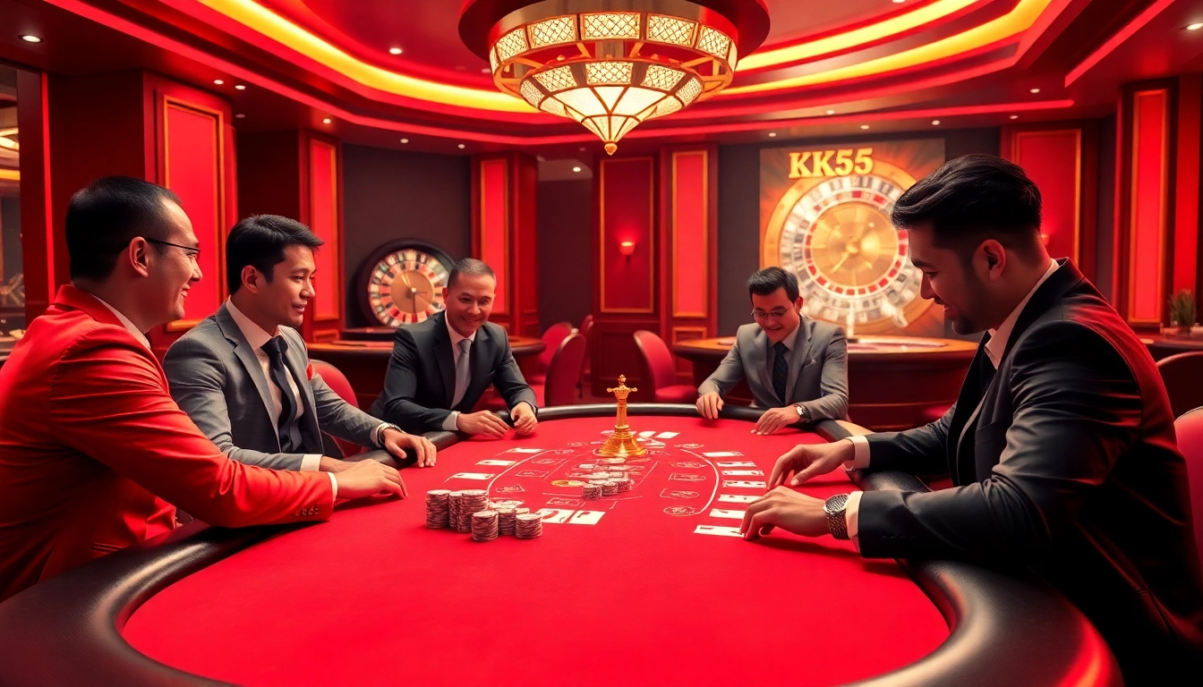 Engage in thrilling poker games at https://kk55.space/ with professional gamblers at an elegant casino table.