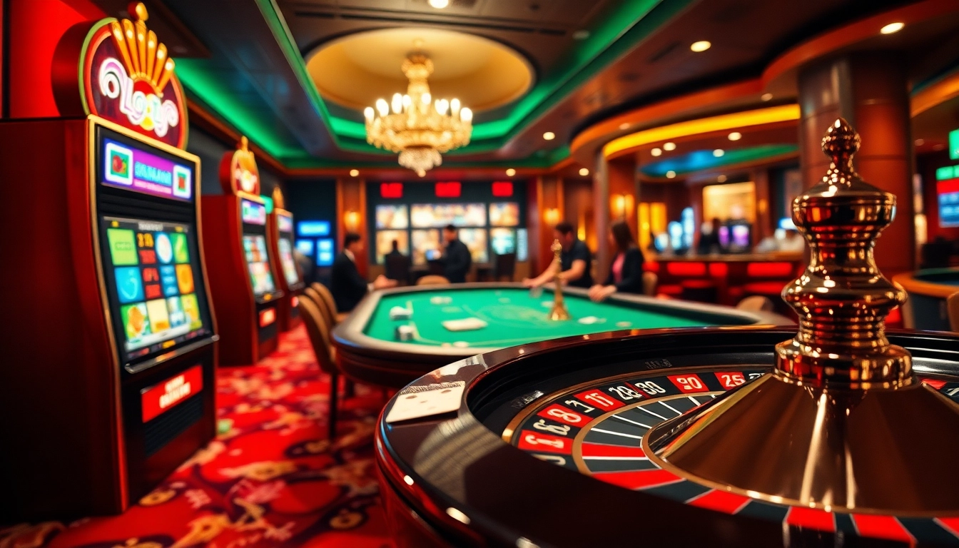 SLOT365 players enjoying a dynamic casino atmosphere with vibrant slot machines and energizing gaming tables.