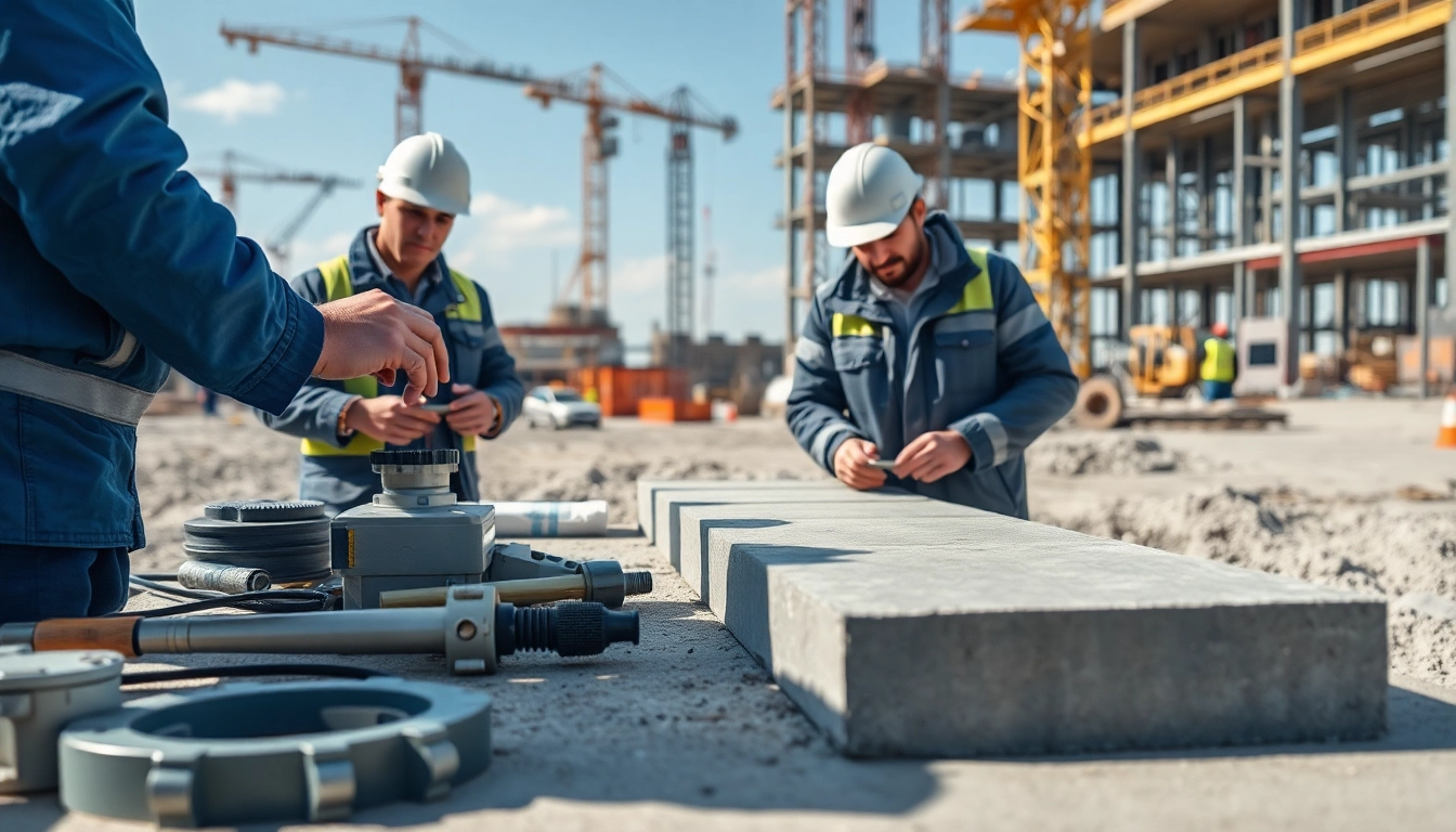 Engineers conducting construction assessment testing on concrete samples at a site.
