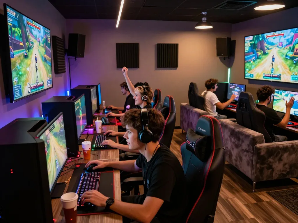 Vegasslot77 gamers enjoying online gaming in a luxurious lounge