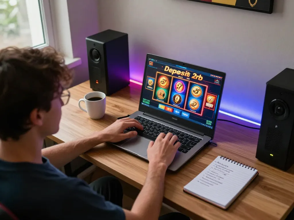 Player enjoying slot deposit 2rb games on a laptop in a cozy home setting, focusing on strategic betting