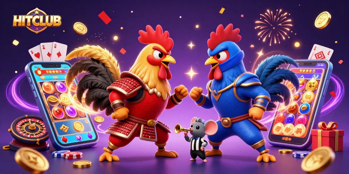 Engage with HITCLUB's thrilling cockfighting alongside graphic slot games and winning elements.