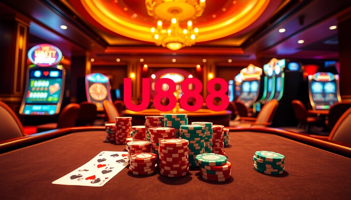 Experience the thrill of gaming at U888 with luxurious casino elements and vibrant tables.