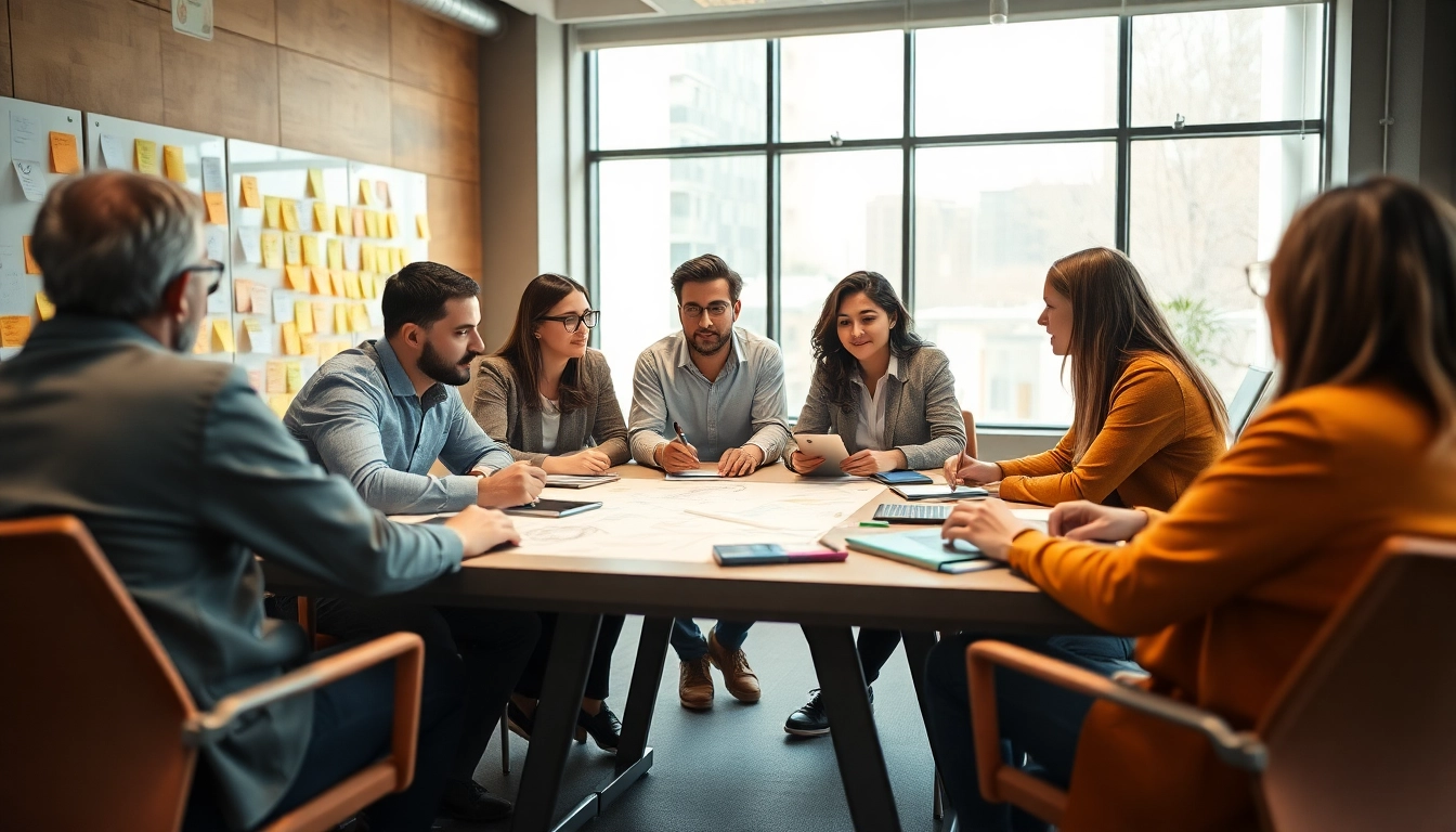 Engaged team discussing Creative concept development in a bright office environment.