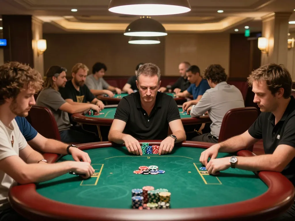Watch players strategize at the 789 club poker tables, engaged in competitive gameplay with intense focus.