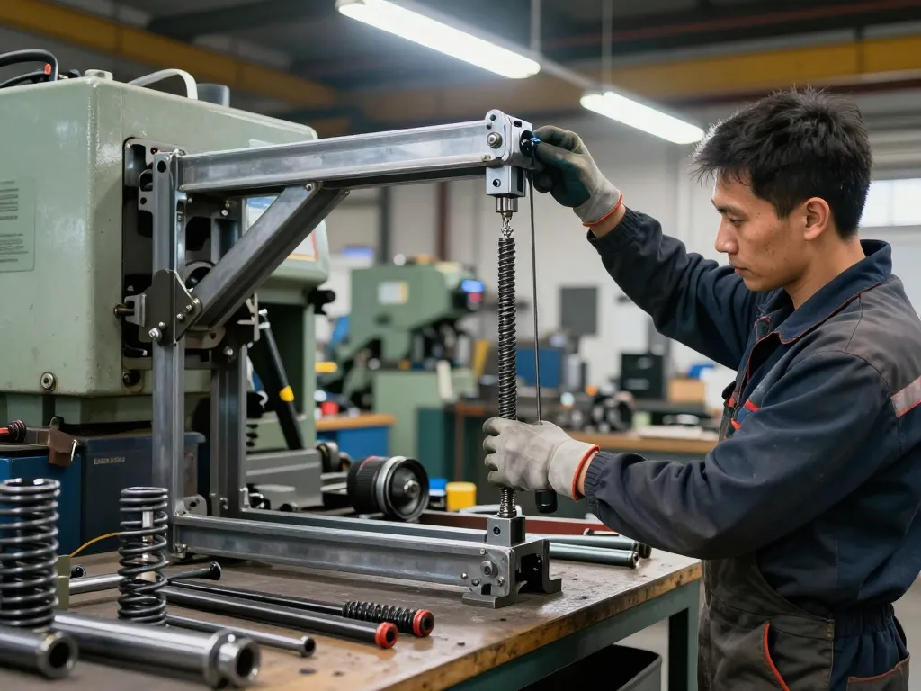 Mecanic instalând Arcuri tractiune în atelier, demonstrând precizie și expertiză.