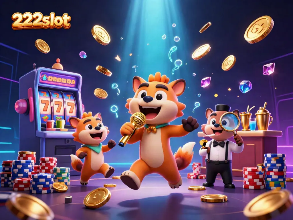 Ilustrasi kasino 3D yang menampilkan 222slot dengan hyena beraksi di klub komedi.