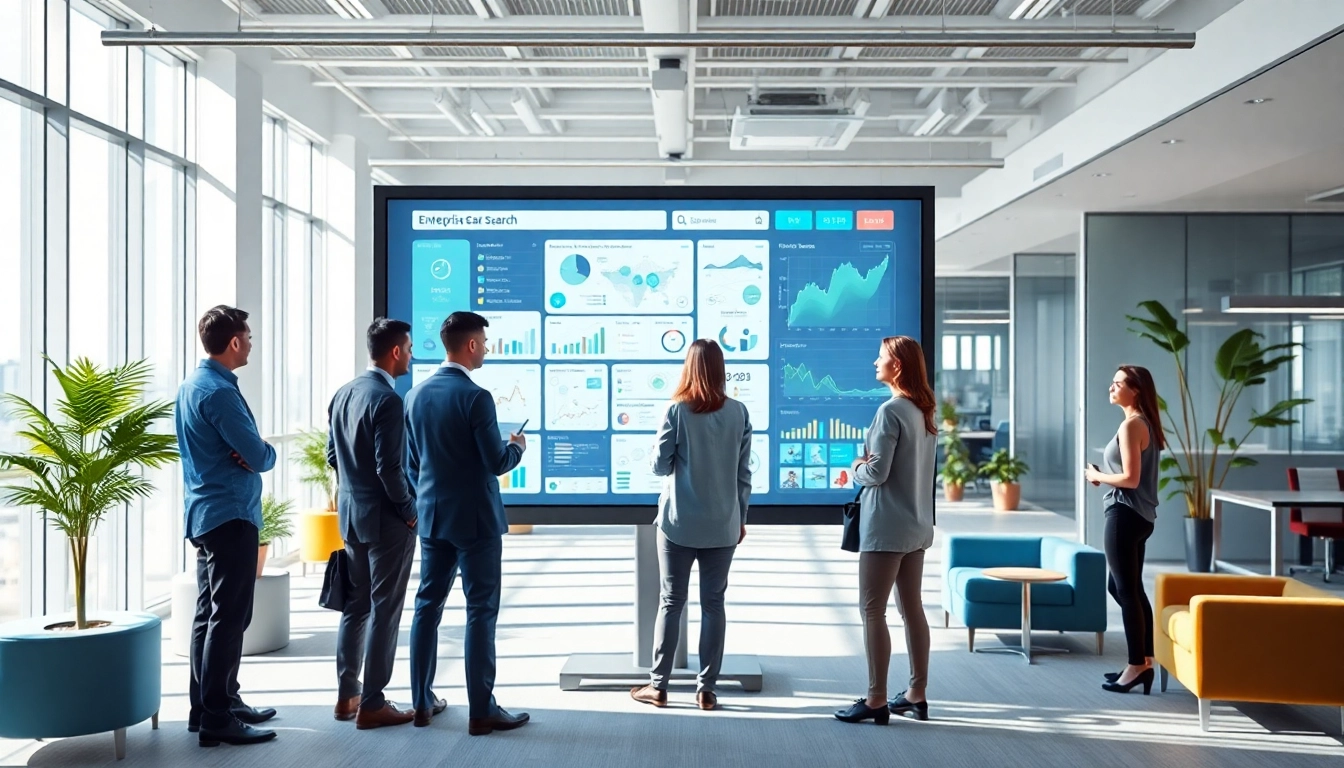 Illustration showcasing enterprise search solutions in a professional office, highlighting collaboration and modern tools.