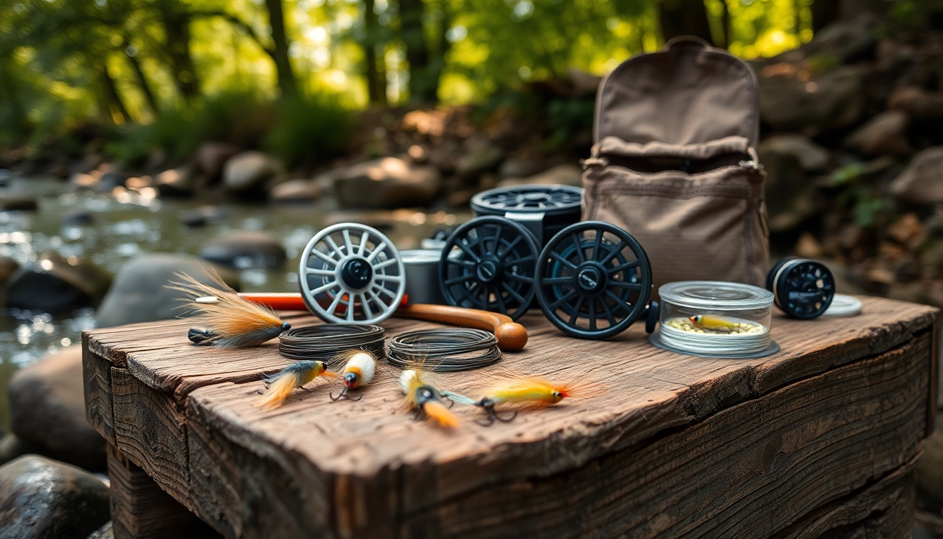 Explore quality fly fishing accessories beautifully arranged among natural elements.