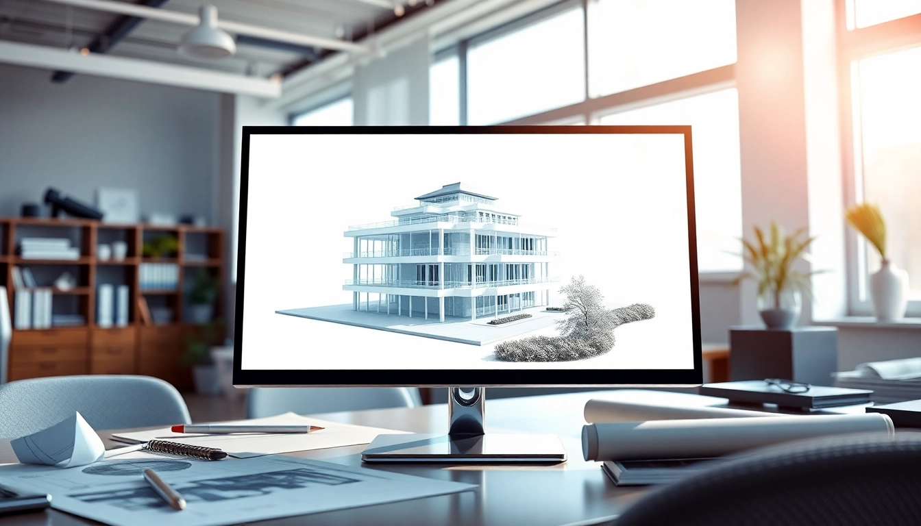 3D Visualisierung erstellen in einem modernen Architekturbüro mit Design-Tools und einem 3D-Modell.