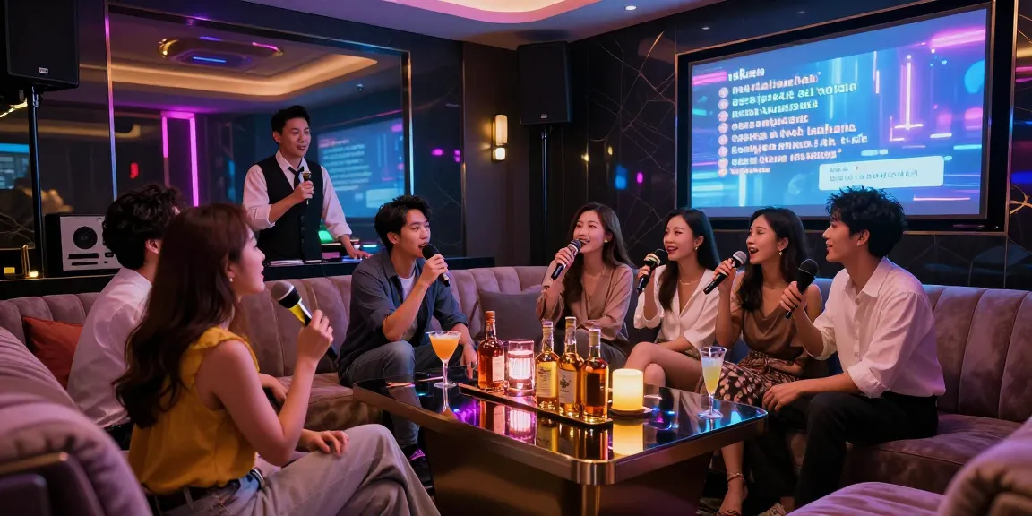 강남 가라오케에서 친구들과 즐거운 시간을 보내는 장면, 화려한 조명과 고급 음향 시설이 돋보인다.